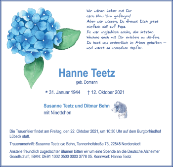 Traueranzeige von Hanne Teetz von Lübecker Nachrichten