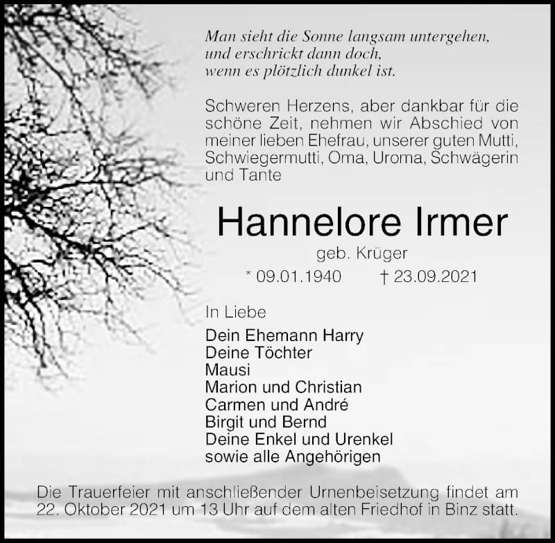  Traueranzeige für Hannelore Irmer vom 02.10.2021 aus Ostsee-Zeitung GmbH