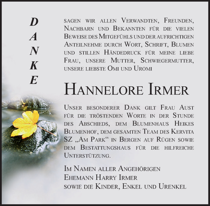  Traueranzeige für Hannelore Irmer vom 30.10.2021 aus Ostsee-Zeitung GmbH