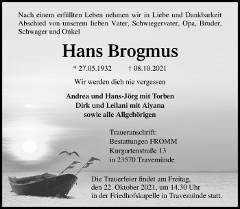 Traueranzeige von Hans Brogmus von Lübecker Nachrichten