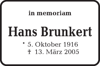 Traueranzeige von Hans Brunkert von Kieler Nachrichten