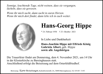 Traueranzeige von Hans-Georg Hippe von Hannoversche Allgemeine Zeitung/Neue Presse