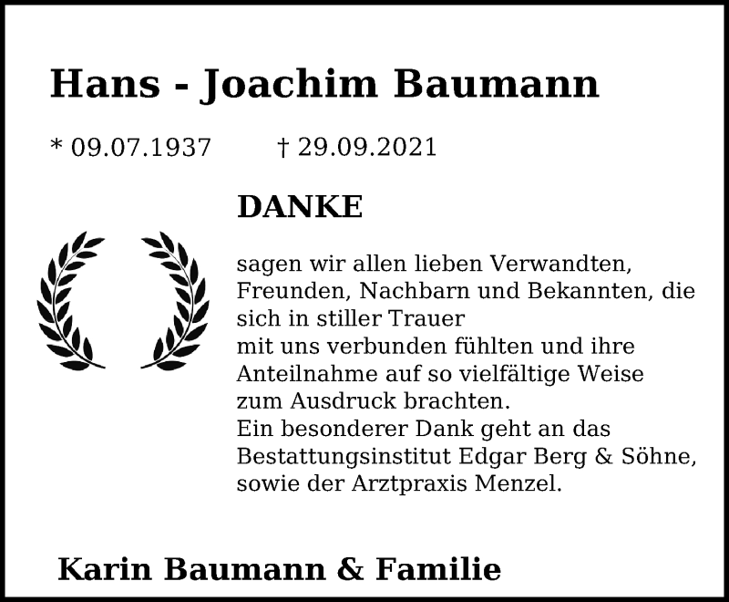  Traueranzeige für Hans-Joachim Baumann vom 30.10.2021 aus Ostsee-Zeitung GmbH