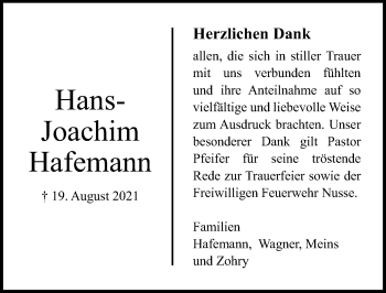 Traueranzeige von Hans-Joachim Hafemann von Lübecker Nachrichten