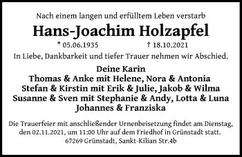 Traueranzeige von Hans-Joachim Holzapfel von Märkischen Allgemeine Zeitung