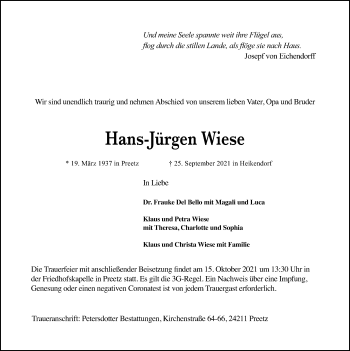 Traueranzeige von Hans-Jürgen Wiese von Kieler Nachrichten