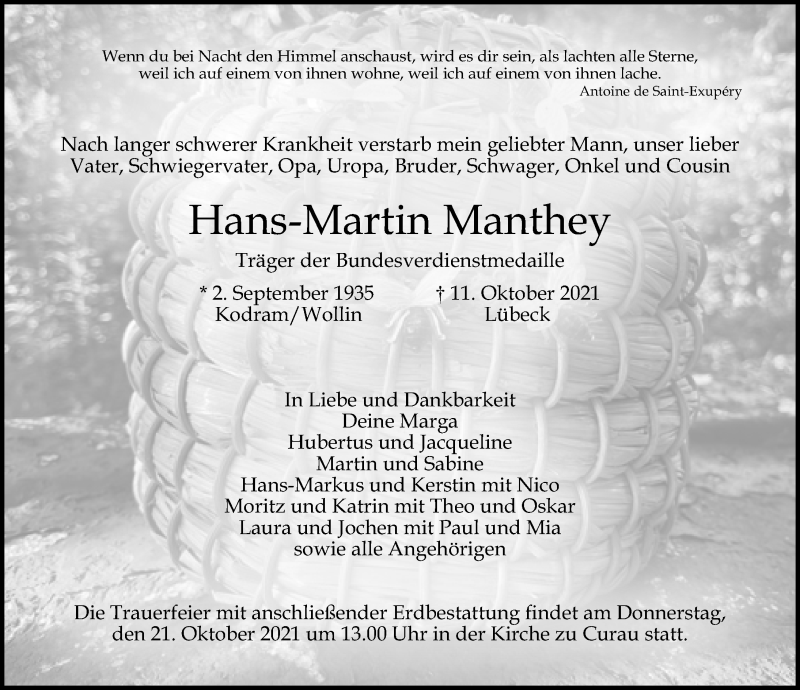  Traueranzeige für Hans-Martin Manthey vom 17.10.2021 aus Lübecker Nachrichten