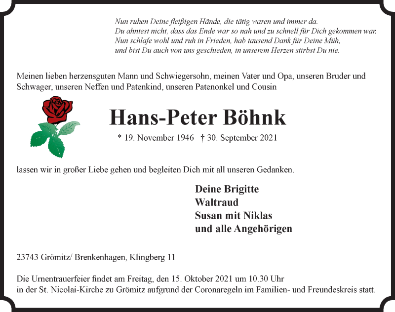  Traueranzeige für Hans-Peter Böhnk vom 13.10.2021 aus Lübecker Nachrichten