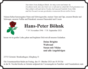 Traueranzeige von Hans-Peter Böhnk von Lübecker Nachrichten