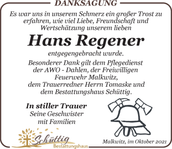 Traueranzeige von Hans Regener von Leipziger Volkszeitung