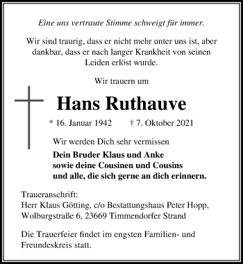 Traueranzeige von Hans Ruthauve von Lübecker Nachrichten