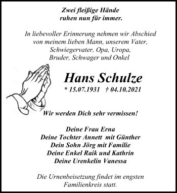 Traueranzeige von Hans Schulze von Märkischen Allgemeine Zeitung