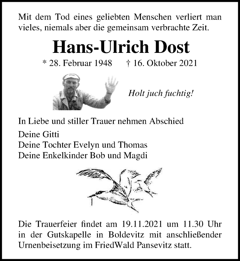  Traueranzeige für Hans-Ulrich Dost vom 23.10.2021 aus Ostsee-Zeitung GmbH