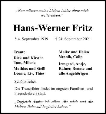 Traueranzeige von Hans-Werner Fritz von Kieler Nachrichten