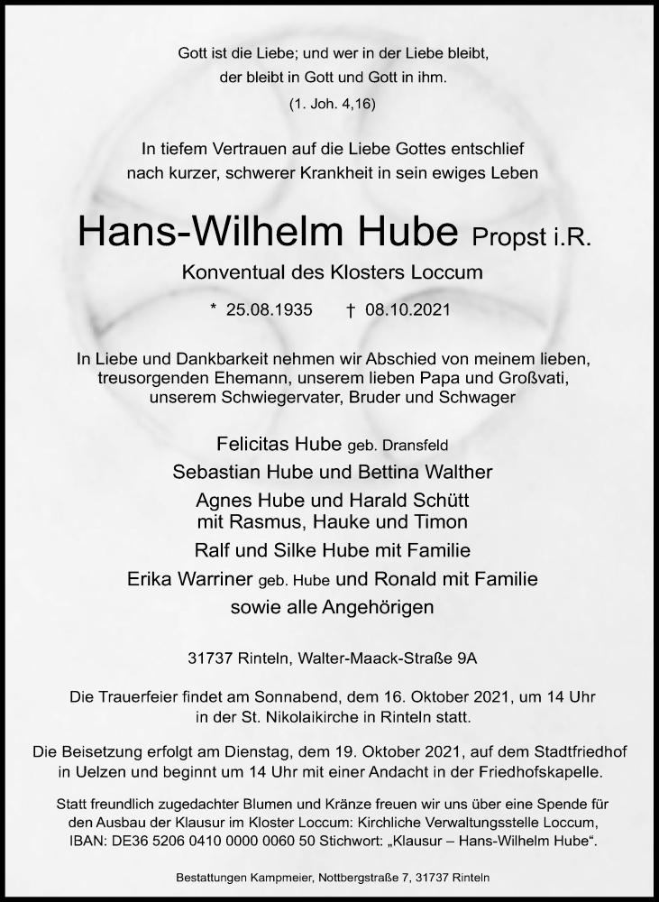  Traueranzeige für Hans-Wilhelm Hube vom 12.10.2021 aus Schaumburger Nachrichten