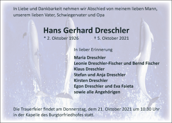 Traueranzeige von Hans Gerhard Dreschler von Lübecker Nachrichten