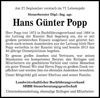 Traueranzeige von Hans Günter Popp von Kieler Nachrichten