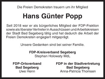 Traueranzeige von Hans Günter Popp von Kieler Nachrichten