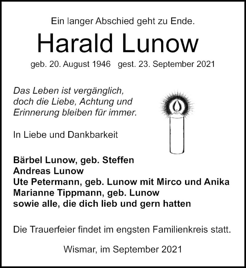  Traueranzeige für Harald Lunow vom 02.10.2021 aus Ostsee-Zeitung GmbH