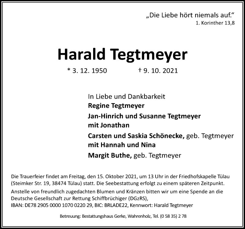  Traueranzeige für Harald Tegtmeyer vom 13.10.2021 aus Aller Zeitung