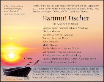 Traueranzeige von Hartmut Fischer von Ostsee-Zeitung GmbH