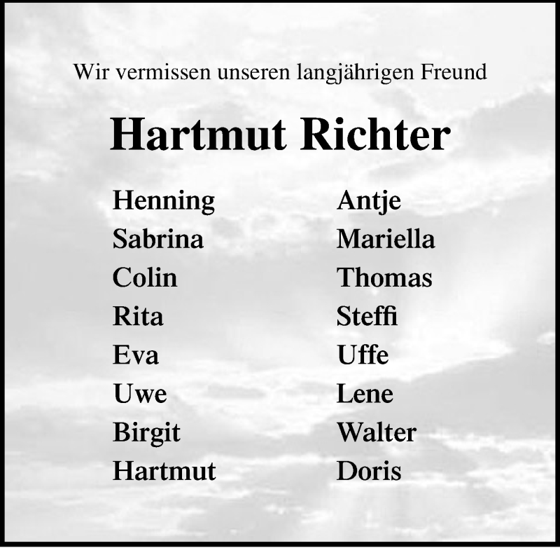  Traueranzeige für Hartmut Richter vom 17.10.2021 aus Lübecker Nachrichten