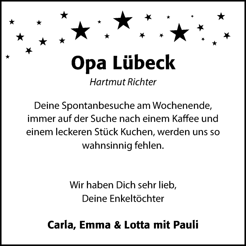  Traueranzeige für Hartmut Richter vom 17.10.2021 aus Lübecker Nachrichten