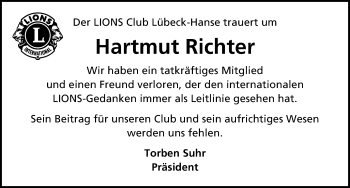 Traueranzeige von Hartmut Richter von Lübecker Nachrichten