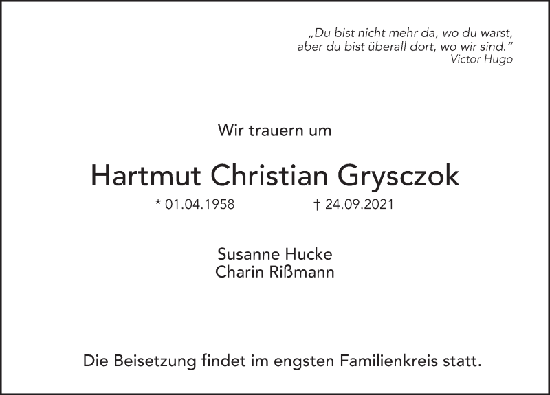  Traueranzeige für Hartmut Christian Grysczok vom 02.10.2021 aus Märkischen Allgemeine Zeitung