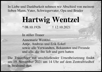 Traueranzeige von Hartwig Wentzel von Ostsee-Zeitung GmbH