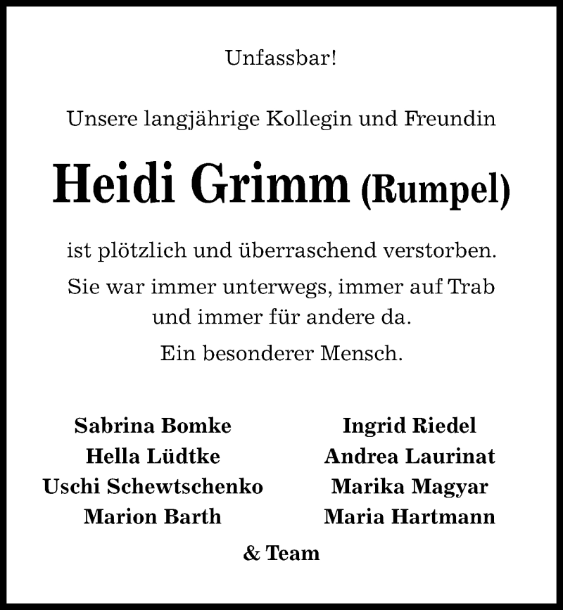  Traueranzeige für Heidi Grimm vom 16.10.2021 aus Kieler Nachrichten