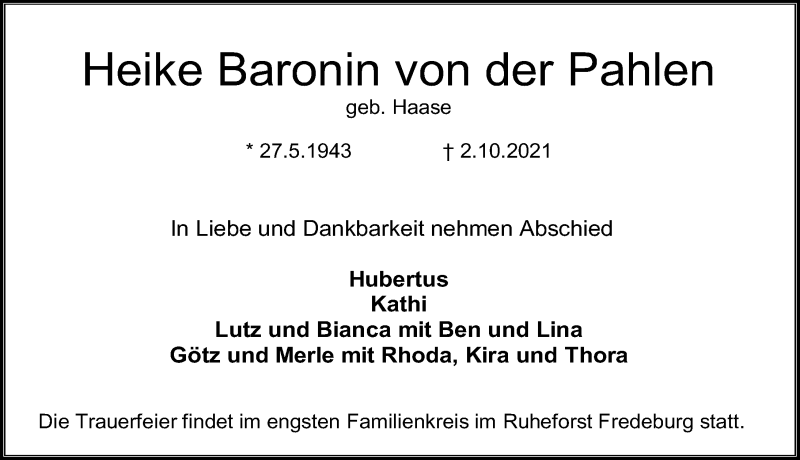  Traueranzeige für Heike Baronin von der Pahlen vom 09.10.2021 aus Lübecker Nachrichten