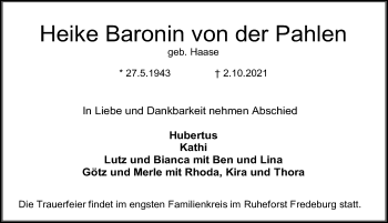 Traueranzeige von Heike Baronin von der Pahlen von Lübecker Nachrichten