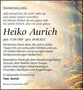 Traueranzeige von Heiko Aurich von Leipziger Volkszeitung