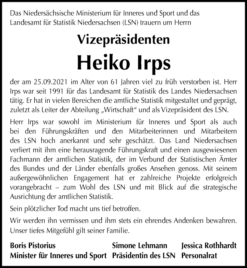  Traueranzeige für Heiko Irps vom 02.10.2021 aus Hannoversche Allgemeine Zeitung/Neue Presse