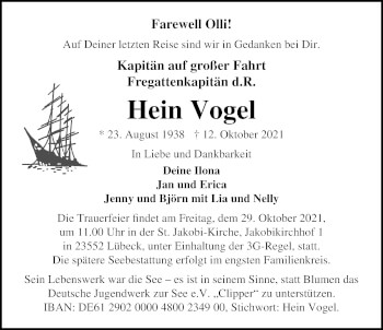 Traueranzeige von Hein Vogel von Lübecker Nachrichten