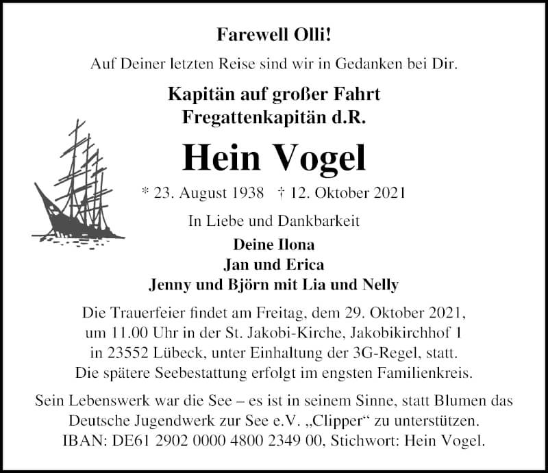  Traueranzeige für Hein Vogel vom 24.10.2021 aus Lübecker Nachrichten