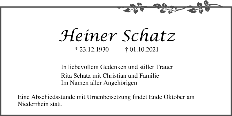  Traueranzeige für Heiner Schatz vom 16.10.2021 aus Ostsee-Zeitung GmbH