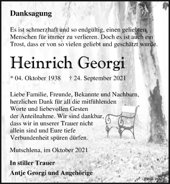Traueranzeige von Heinrich Georgi von Leipziger Volkszeitung
