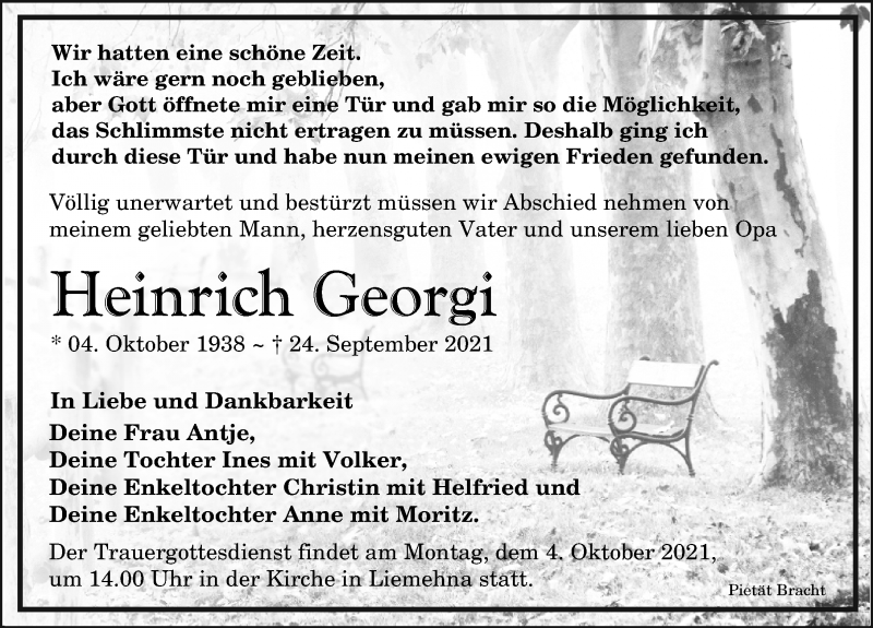  Traueranzeige für Heinrich Georgi vom 02.10.2021 aus Leipziger Volkszeitung