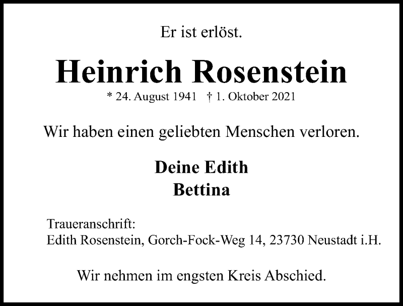  Traueranzeige für Heinrich Rosenstein vom 10.10.2021 aus Lübecker Nachrichten