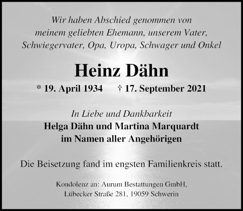  Traueranzeige für Heinz Dähn vom 02.10.2021 aus Ostsee-Zeitung GmbH