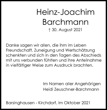 Traueranzeige von Heinz-Joachim Barchmann von Hannoversche Allgemeine Zeitung/Neue Presse