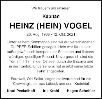 Traueranzeige von Heinz Vogel von Lübecker Nachrichten