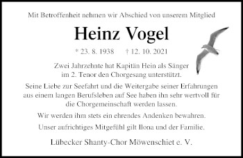 Traueranzeige von Heinz Vogel von Lübecker Nachrichten