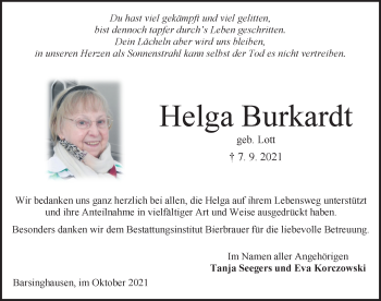 Traueranzeige von Helga Burkardt von Hannoversche Allgemeine Zeitung/Neue Presse