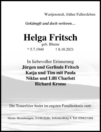 Traueranzeige von Helga Fritsch von Aller Zeitung