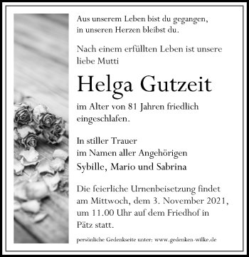 Traueranzeige von Helga Gutzeit von Märkischen Allgemeine Zeitung