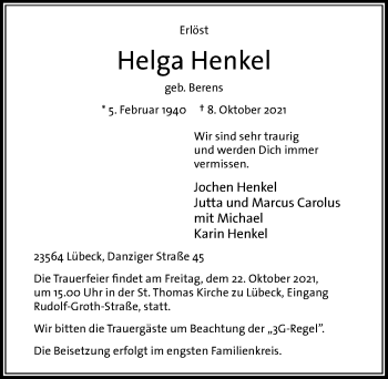 Traueranzeige von Helga Henkel von Lübecker Nachrichten
