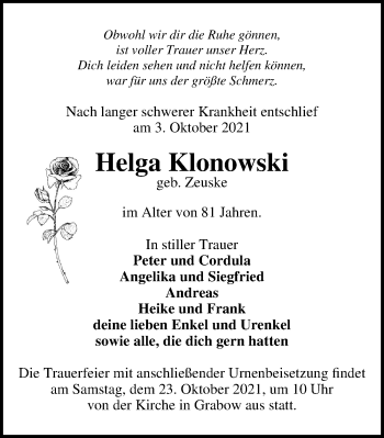 Traueranzeige von Helga Klonowski von Märkischen Allgemeine Zeitung